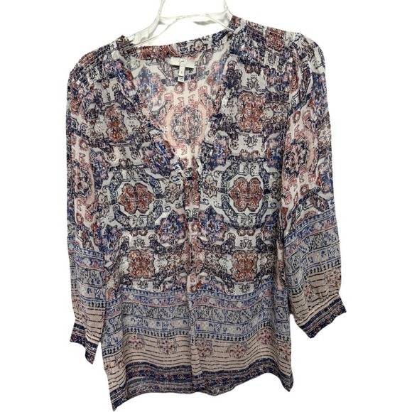 Joie Tops - Joie Womens Silk Top Blouse SZ S Multicolor Printed Boho V Neck Ruched Shoulder